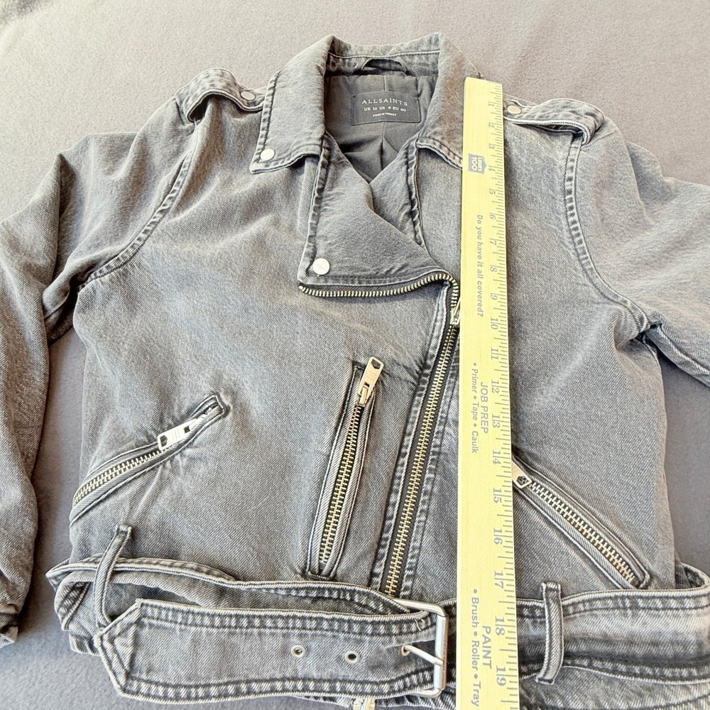 All Saints Denim Moto Jacket Women 8 Faded Black Belted Biker Asymmetrical Zip - Picture 9 of 14